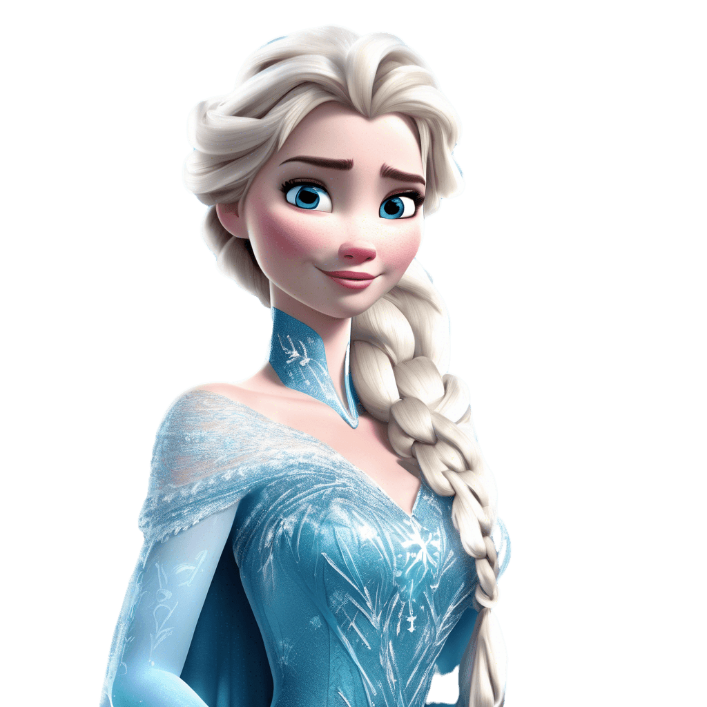 A single Elsa character from the 2019 Frozen movie in a natural, confident pose, perfectly faithful to the original 3D Disney animation style with no distortion, exaggeration, or caricature. The character is fully visible with her entire body shown, detailed with her iconic platinum blonde braid, ice-blue gown with snowflake patterns, and poised expression. No deformation whatsoever. Clean isolated figure, PNG format with transparent background, containing only the character, no background or text. Vibrant colors true to the original Frozen design.