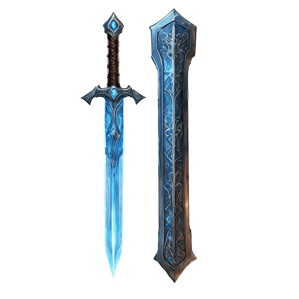 Fantasy-style ancient artifact design, sword like , featuring metal and crystal materials, with ancient runes engraved on the surface, emitting a mystical blue glow, ideal as a powerful weapon or mysterious item