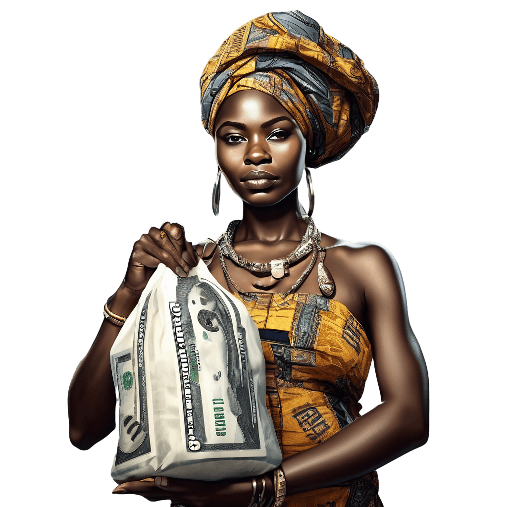 AN AFRICAN WOMAN WITH A CASH BAG