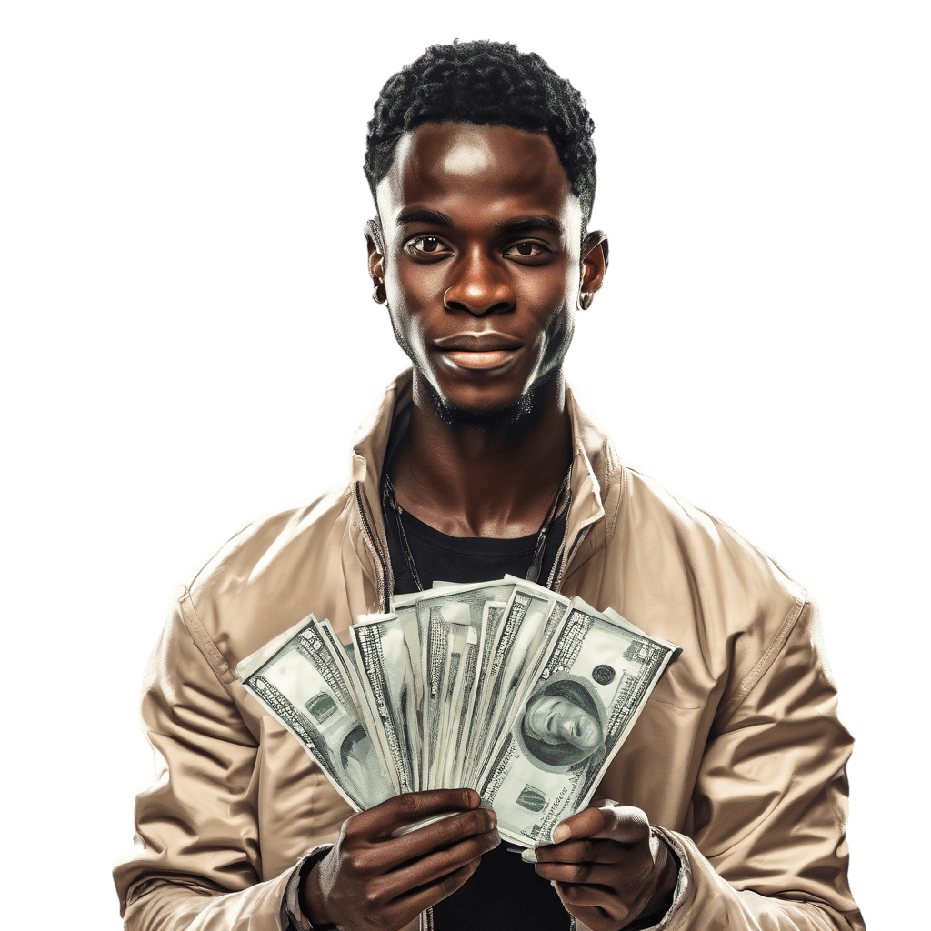 A young African man with cash $ in hand